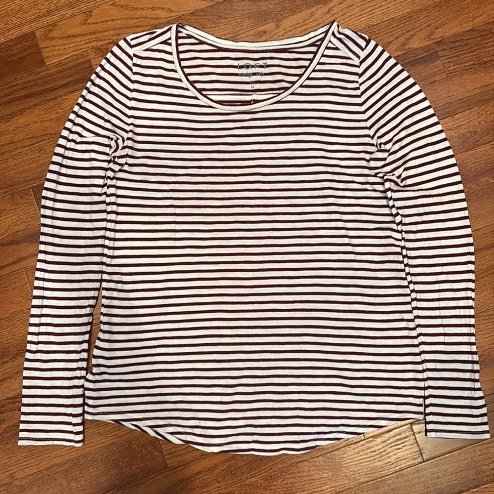 LOFT Maroon and White Fitted Long Sleeve Tee